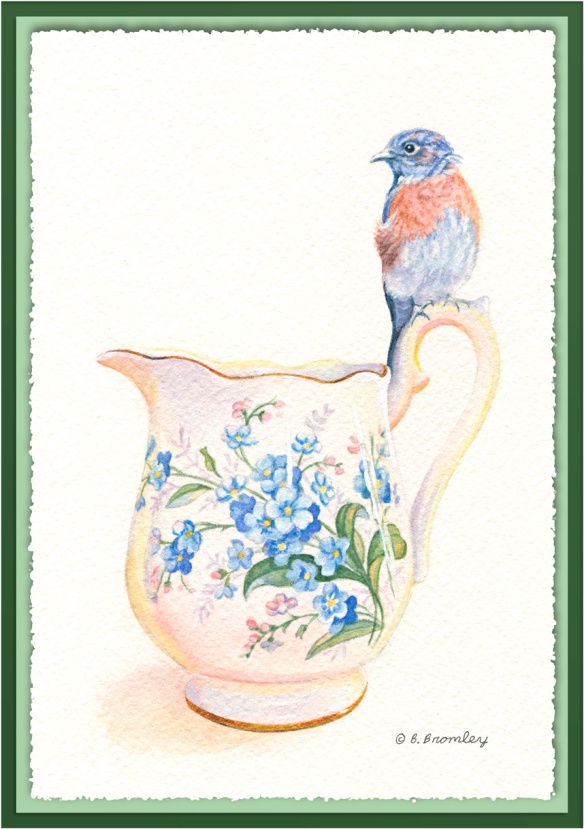 Watercolor painting of a bluebird perched on a china pitcher